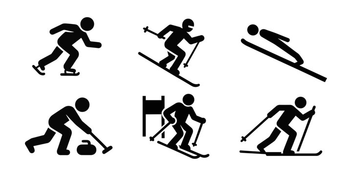 Minimalist black icons showing six winter sports: speed skating, freestyle skiing, ski jumping, curling, alpine skiing, and cross-country skiing