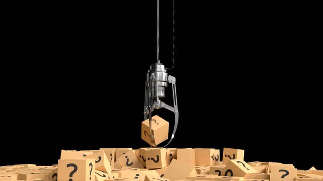 The claw machine arm is grabbing a mystery box marked with a question mark.