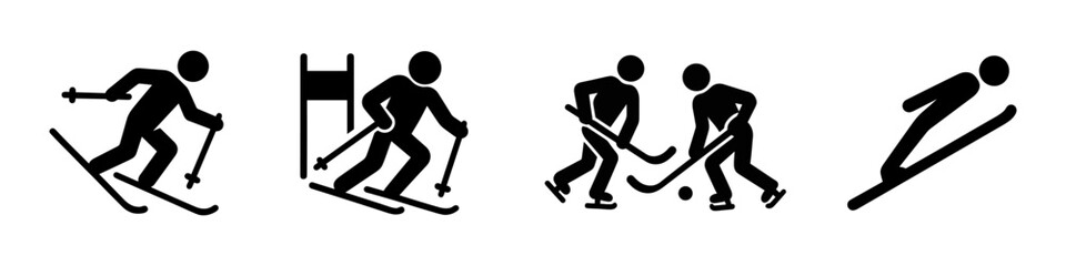 Black pictogram-style icons representing winter sports: cross-country skiing, alpine skiing, ice hockey, and ski jumping