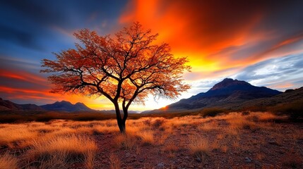 Lone tree stands silhouetted in a golden field against a vibrant sunset sky with distant mountains.