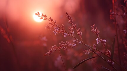 Obraz premium Close up of delicate wild grass flowers bathed in the soft warm glow of a vibrant crimson sunset creating a serene and natural atmosphere