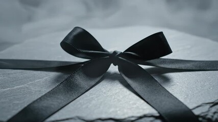 Black mourning ribbon bow on dark stone with smoke. Funeral decoration. Condolence, obituary, death, and remembrance funeral concept. Sad memorial background.