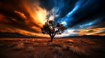 Lone tree stands starkly in a vast field against a dramatic sky with orange and blue clouds during sunset.