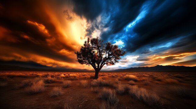 Lone tree stands starkly in a vast field against a dramatic sky with orange and blue clouds during sunset.