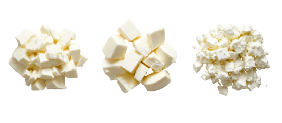 Three piles of mozzarella swiss parmesan side by side overhead on transparent background