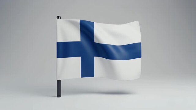 White and blue nordic cross flag waving gently on a pole against a neutral background
