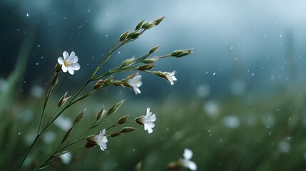 Delicate white wildflowers sway gently in the rain with a soft moody atmosphere and blurred background