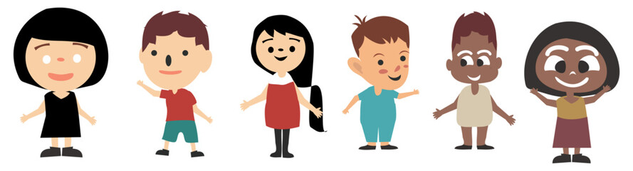 Happy kids cartoon collection. Multicultural children in different positions vector illustration