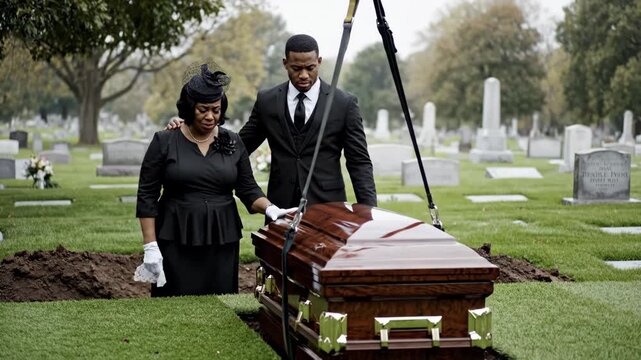 African american woman and man at funeral lowering casket into grave. Bereaved family mourning loss at cemetery burial service.