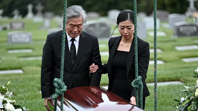 An elderly asian man and a young asian woman stand beside a closed casket at a graveside service, mourning during a funeral.