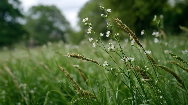 Delicate white blossoms and tall grass dance in a green meadow on a breezy morning under overcast skies