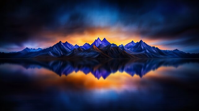 Majestic mountain range reflects intensely in still water under a colorful sunset sky, creating a serene landscape vista. - Powered by Adobe