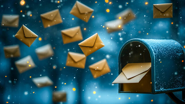 An open mailbox and many envelopes floating in the air. The background is in winter blue with falling snow and glowing lights.