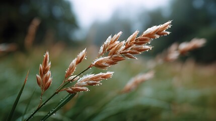Obraz premium Close up of a grass seed head covered in sparkling morning dew set against a soft green bokeh background