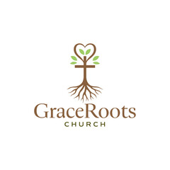 Symbolic rooted cross forming a tree with leaves and a heart shape, representing growth, care, and spiritual connection in a clean modern logo style. Editable Vector File
