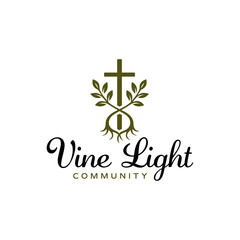 Symbolic vine and cross emblem forming roots and leaves in an elegant, meaningful logo style suitable for community or spiritual branding. Editable Vector File
