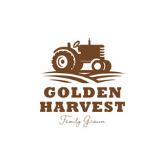 Rustic tractor illustration over farmland rows in a classic harvest-themed logo, ideal for agriculture, farming, and organic product branding. Editable Vector File
