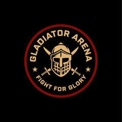 Bold gladiator helmet emblem with crossed swords in a circular badge design, ideal for sports, gaming, combat themes, or competitive team branding. Editable Vector File

