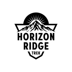 Bold mountain peak with rising sun in a shield-style trekking emblem, perfect for outdoor, hiking, adventure, and travel branding. Editable Vector File
