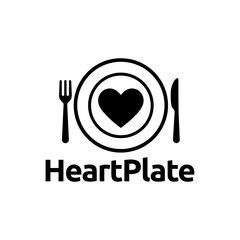 Minimal heart symbol inside a plate with fork and knife, creating a clean food and wellness themed logo suitable for restaurants, nutrition, or catering brands. Editable Vector File
