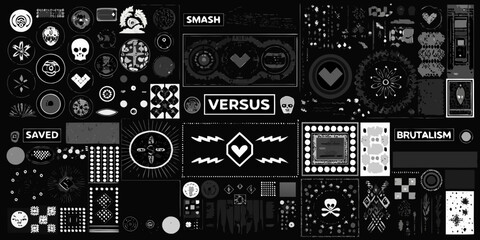 Abstract black and white graphic design elements with text and decorative shapes