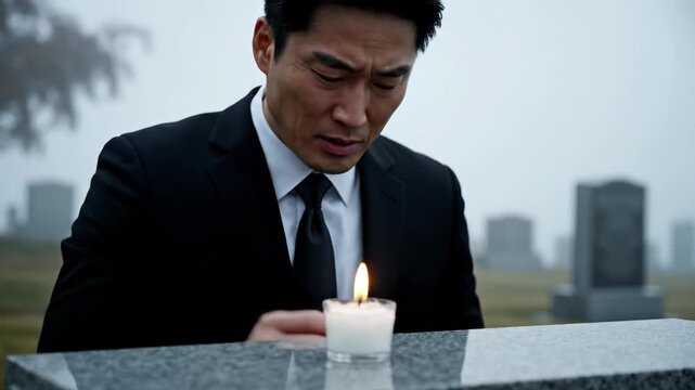 Asian man mournful at a cemetery, lightning a candle on a grave. Funeral concept with sad emotion. Memorial day background.