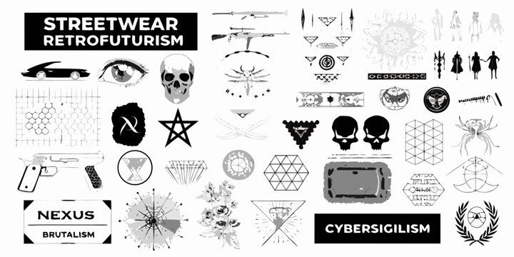 Retrofuturistic streetwear design elements skulls weapons geometric shapes and cyberpunk aesthetics