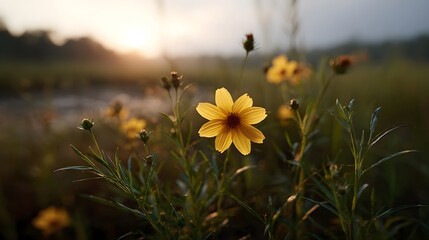 Delicate yellow wildflowers bloom in the warm glow of a sunrise or sunset set against a soft natural landscape