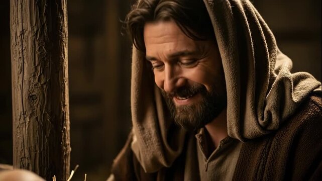 portrait of pensive man in rustic hooded robe, representing saint joseph. biblical scene from christmas nativity story. banner, website header with copyspace.