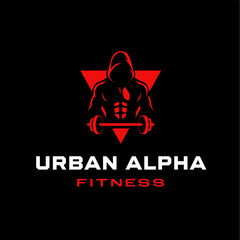 Powerful hooded figure lifting a barbell in a bold red gym emblem, perfect for fitness clubs, bodybuilding brands, training programs, and athletic branding. Editable Vector File
