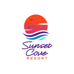 Bright sunset with birds and colorful ocean waves in a tropical resort-style logo, perfect for travel, beach, vacation, and coastal branding. Editable Vector File
