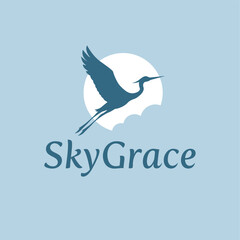 Graceful bird silhouette soaring across a bright moon with soft clouds, creating an elegant and peaceful sky-themed logo ideal for wellness, nature, or creative brands. Editable Vector File
