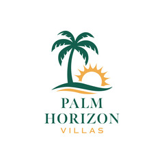 Tropical palm tree with rising sun over gentle waves in a clean villa and resort themed logo, ideal for travel, hospitality, and coastal branding. Editable Vector File
