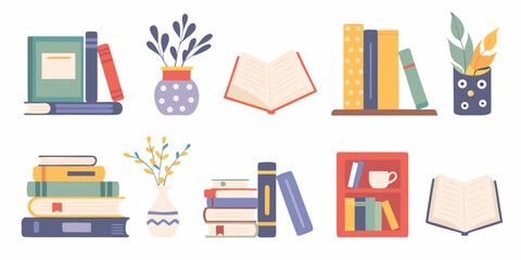 Collection of illustrated books and decorative elements in a flat design style