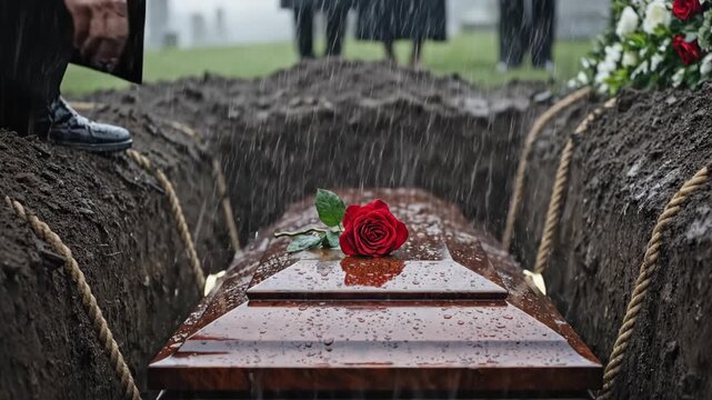Man dropping a red rose into an open grave at a rainy outdoor funeral service. Somber burial ceremony with coffin and mourner.