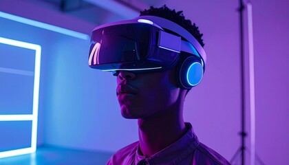 Young man wearing virtual reality headset exploring digital world with neon lights in studio, showcasing immersive experience and futuristic technology.