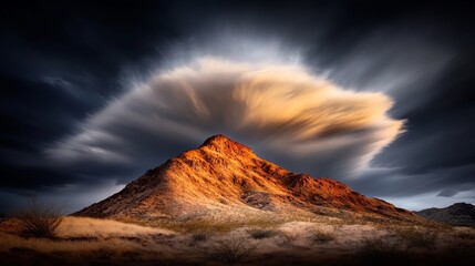 Mountain peak glows under a massive lenticular cloud in a desert landscape, dramatically lit.
