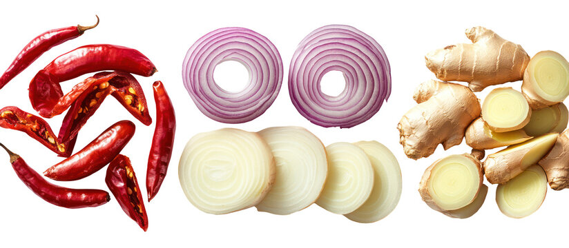 Fresh ingredients for cooking including chili peppers onion garlic and ginger isolated on transparent background