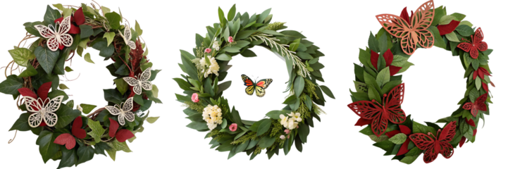 Set of a red, green leafy wreath with a butterflys design isolated on a transparent background