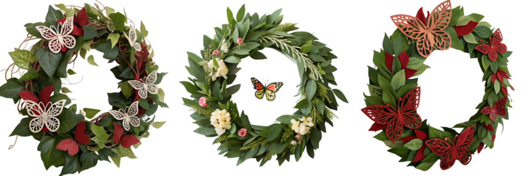 Set of a red, green leafy wreath with a butterflys design isolated on a transparent background