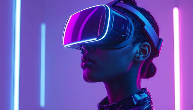 Woman explores virtual reality world using VR headset in futuristic room with neon lights, creating immersive and engaging experience. - Powered by Adobe