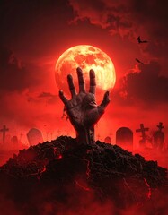 Zombie Hand Rising from Cracked Earth under Blood Red Moon – Ultra-Realistic Horror Scene with Graveyard, Fog, and Dramatic Red Lighting
