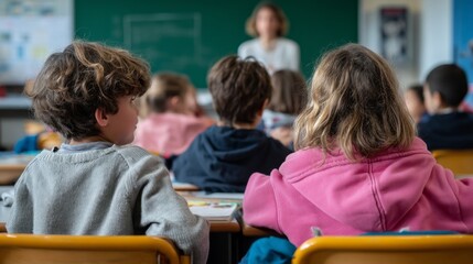 In a bright elementary school classroom, eager students listen attentively as their teacher presents an engaging lesson. They sit at colorful desks, surrounded by educational displays