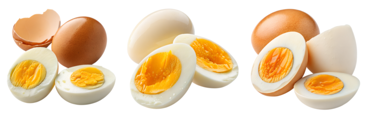 Set of A hard boiled egg cut in half isolated on a transparent background