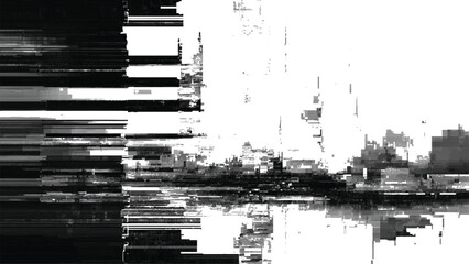 Abstract cityscape with glitch effects in black and white tones art