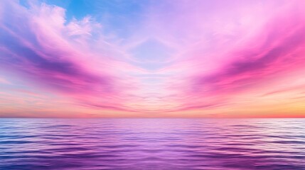 Ocean water reflects colorful clouds during the vividly colored sunset over a calm horizon.