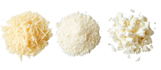 Three piles of parmesan feta cheddar side by side overhead on transparent background