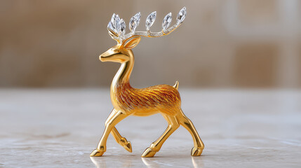Golden reindeer figurine with crystal antlers as Christmas props creating festive and elegant holiday decoration scene
