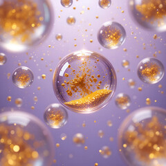 Transparent glass spheres containing floating golden dust.