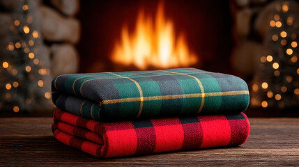 Cozy folded plaid blankets in red and green colors placed on wooden surface with warm fireplace and Christmas props creating festive mood